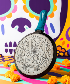 10.5 Inch Seasoned Cast Iron Xolo Sugar Skull Griddle with Deluxe Handle Holder