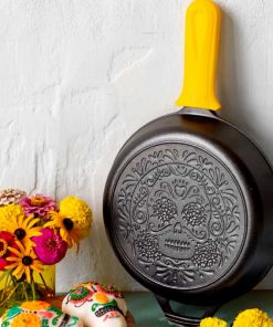 Seasoned Cast Iron Sugar Skull Skillet with Deluxe Handle Holder